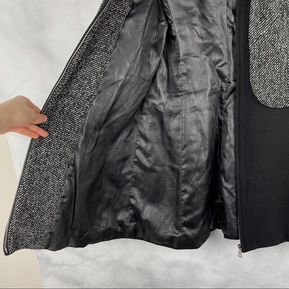 Guess Wool Blend Tweed Moto Zip Pleated Midi Pea Coat Retro Y2K Black Grey M - Picture 4 of 8